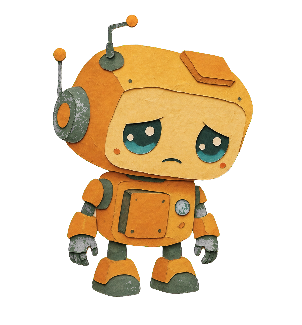 A sad orange ChatTIE robot looking down apologetically