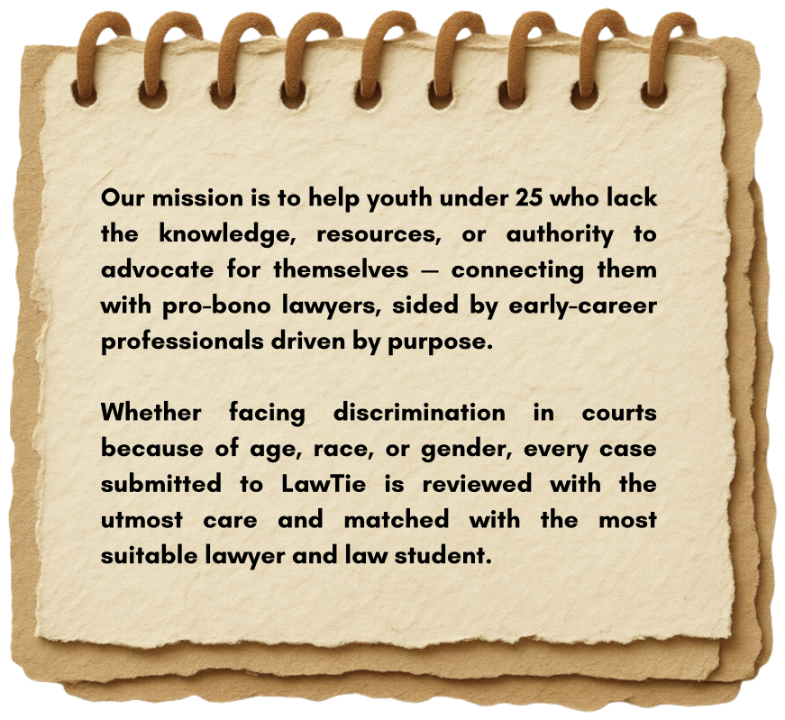 Our mission is to help youth under 25 who lack legal resources connect with pro-bono lawyers and early-career professionals.