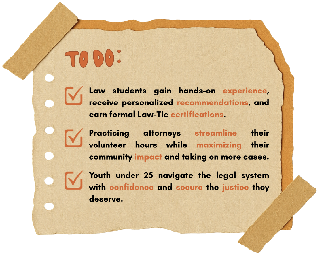 Law students gain hands-on experience and certifications, attorneys streamline volunteer hours, and youth under 25 navigate the legal system with confidence.
